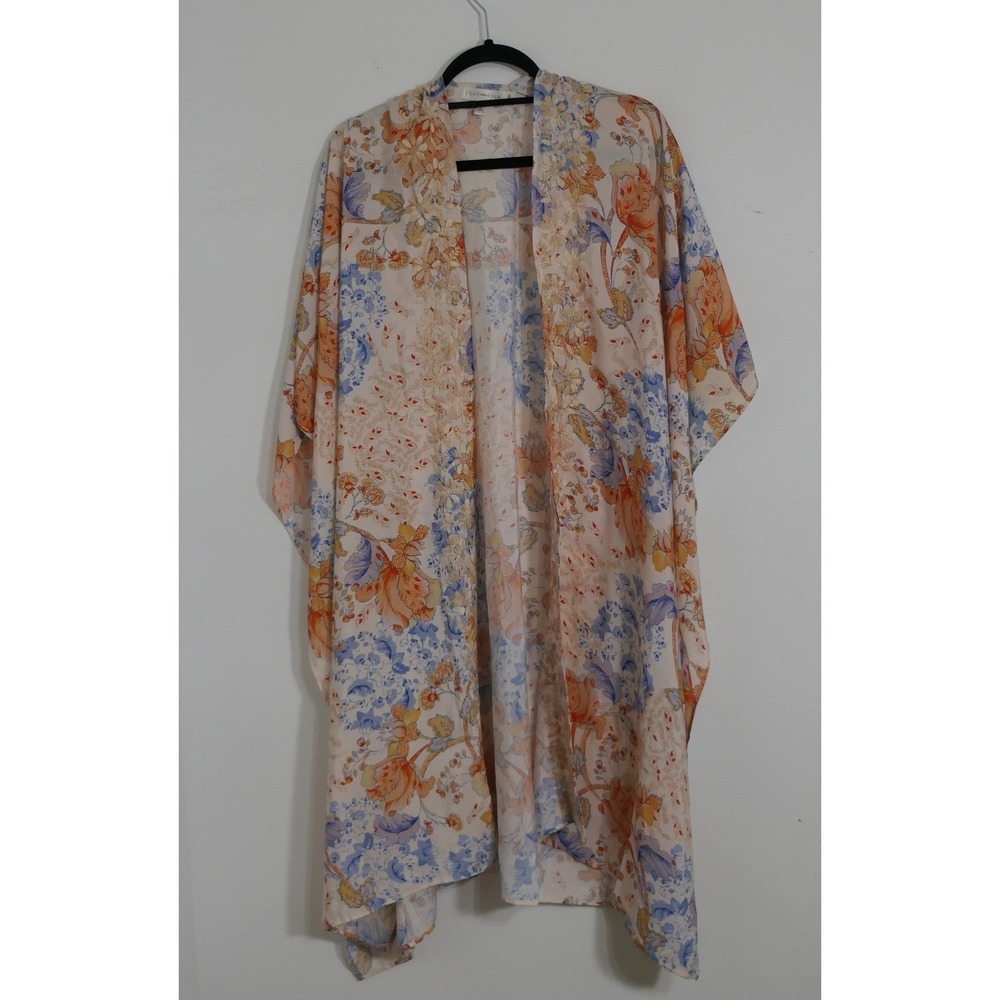 Love Kyla‎ Womens Kimono S Orange Blue Floral Silk Blend Embroidered Boho Flowy